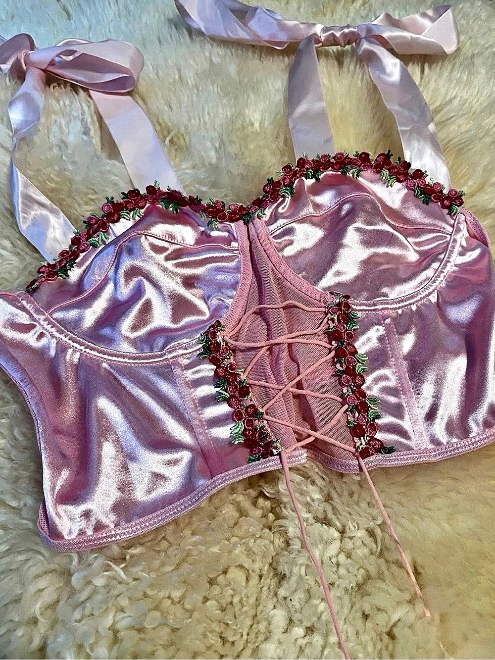 SHEIN Pink Satin Floral Embroidered Lace Up Corset Crop Top Size Large
